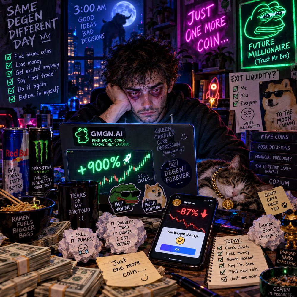 The trader slumped at his desk, phone showing a coin down 87% with a popup that says 'You bought the top', surrounded by notes reading 'just one more coin'