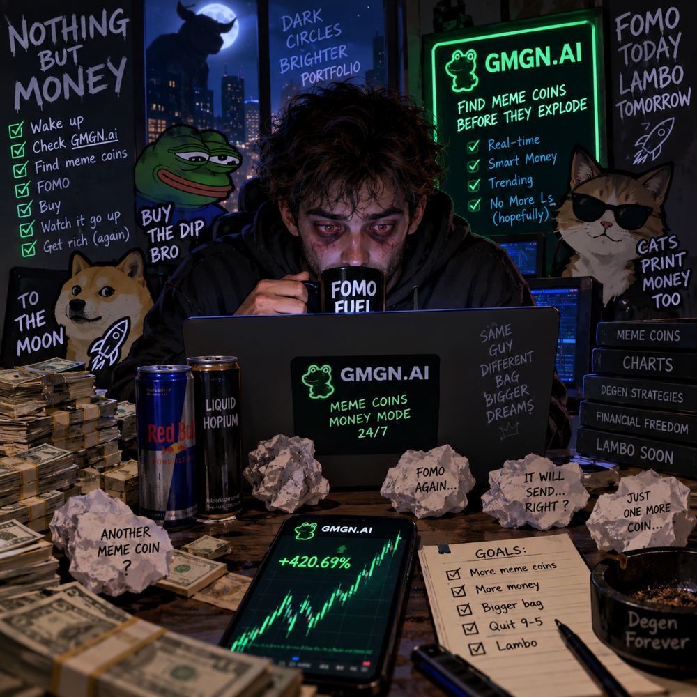 A trader with dark circles under his eyes, hunched over a laptop at 3 AM surrounded by cash, energy drinks, and crumpled notes reading 'just one more coin'